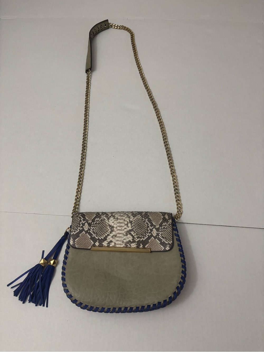 Brian Atwood Neutral and Blue Snake-Print Crossbody with Gold Chain